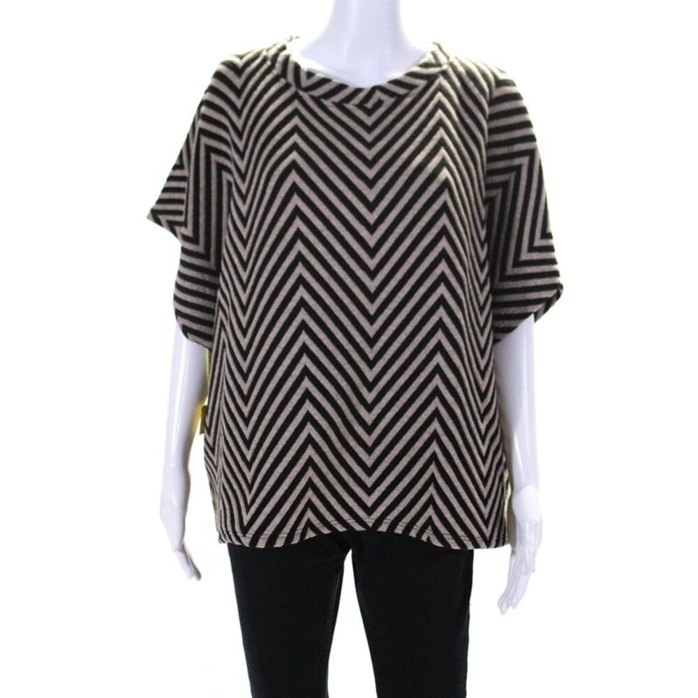 Suzy D Womens High Neck Chevron Stripe Dolman Sleeve Sweater Black Beige Small